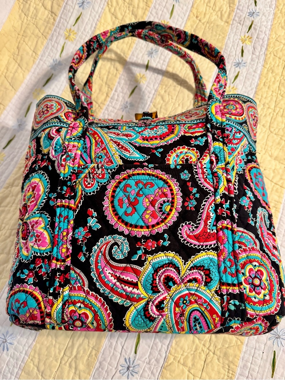 Vera Bradley Quilted Paisley Tote in Black, Turquoise & Hot Pink